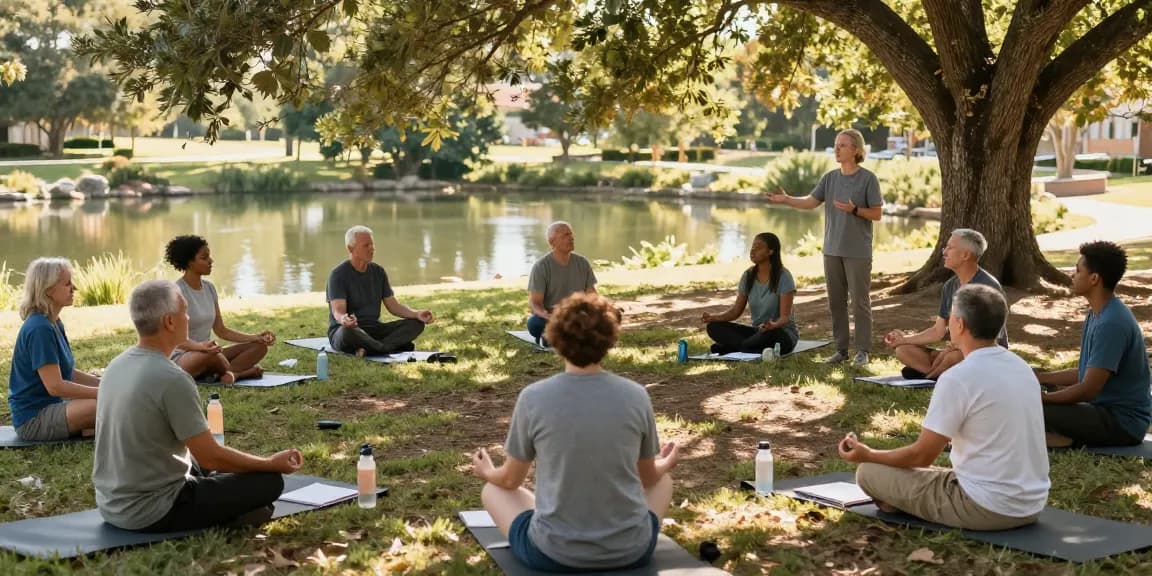 PTSD treatment for veterans in a calming outdoor therapy session with mindfulness activities.
