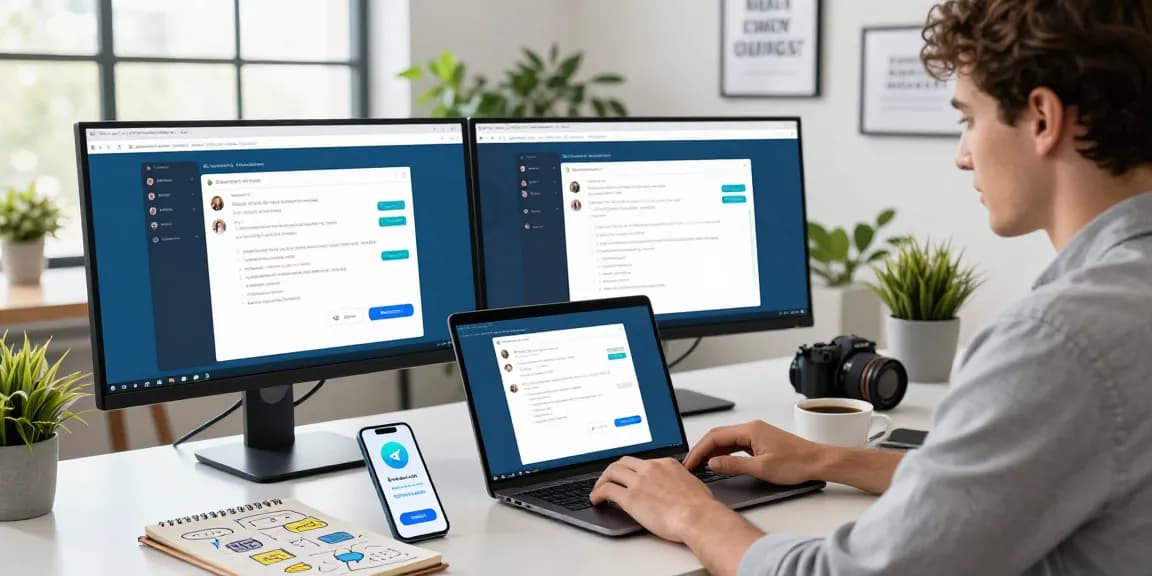 Using Telegram Web Version on a laptop in a modern workspace with inspirational decor and dual monitors.