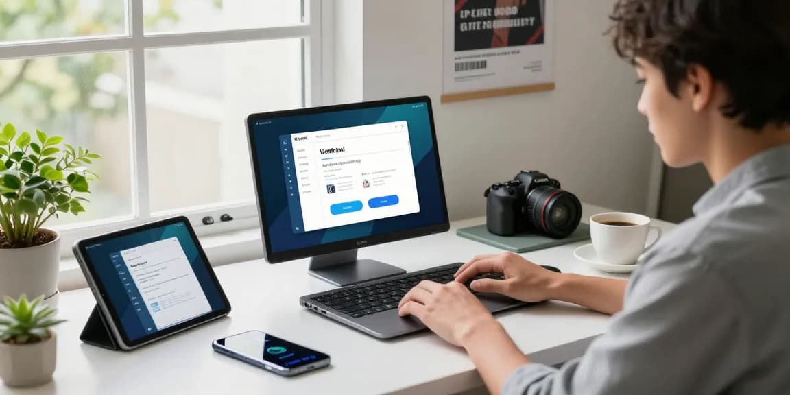 WPS Download interface on a laptop in a modern workspace, showcasing productivity tools and tech gadgets.
