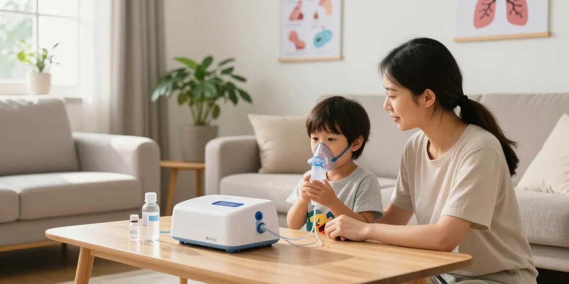 Child using a nebulizer machine near me in a cozy living room, showcasing respiratory care.