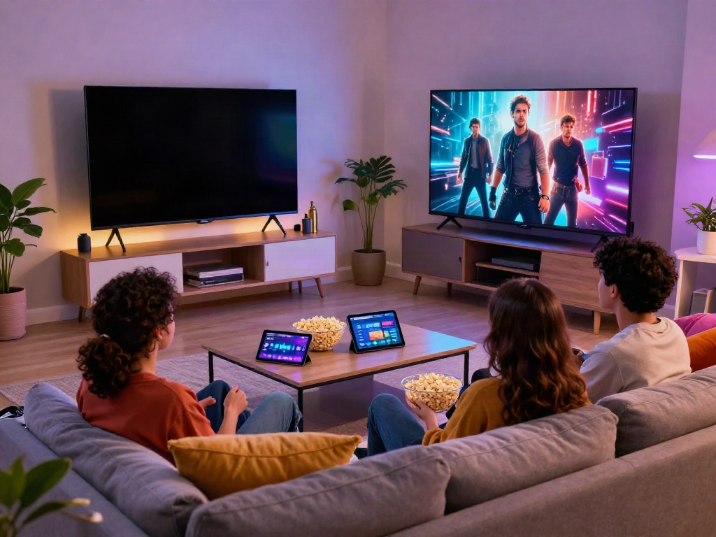 Friends enjoying movies using the FilmyZilla APK in a cozy living room.
