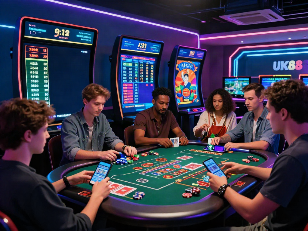 Dynamic gaming scene at UK88 showcasing diverse players enjoying sports betting and casino games.