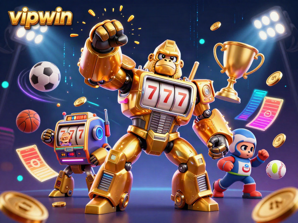 Experience thrilling gameplay with the transformer-style gorilla mech and sports elements in vipwin's vibrant casino illustration.