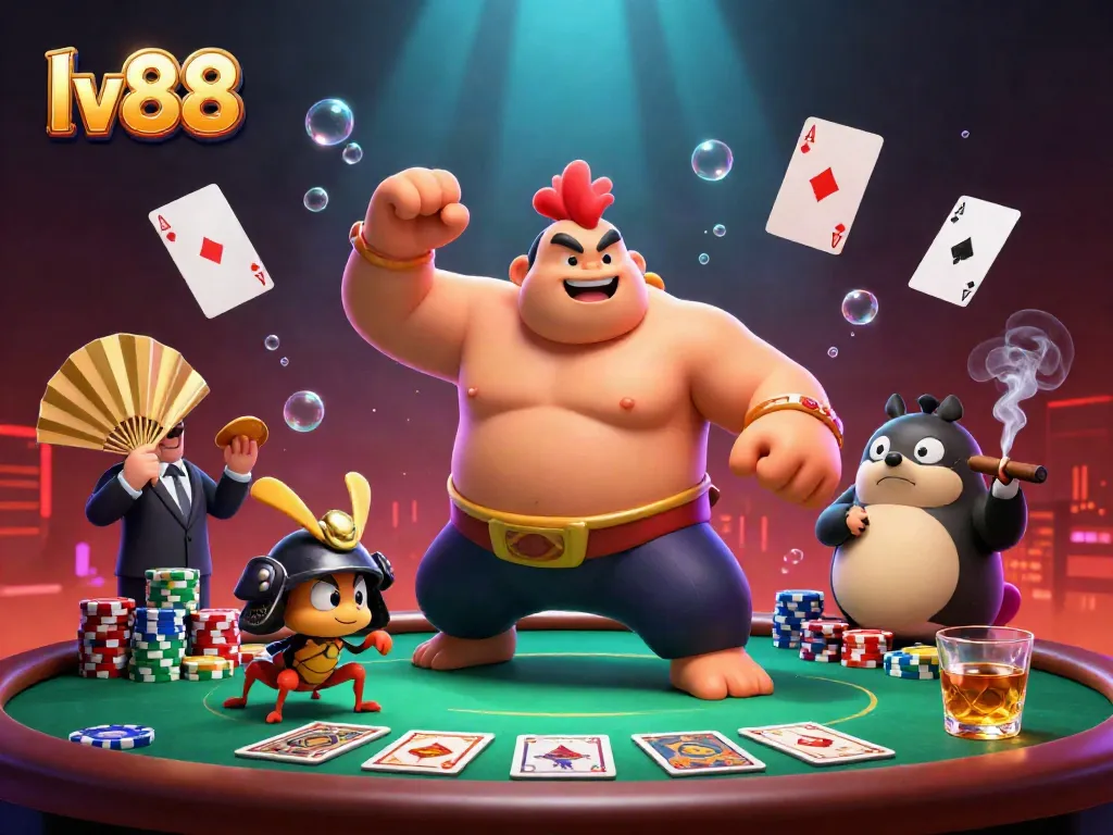 Watch the intense LV88 showdown with a roaring sumo wrestler, fierce cricket, and tanuki announcer amidst dazzling poker elements.