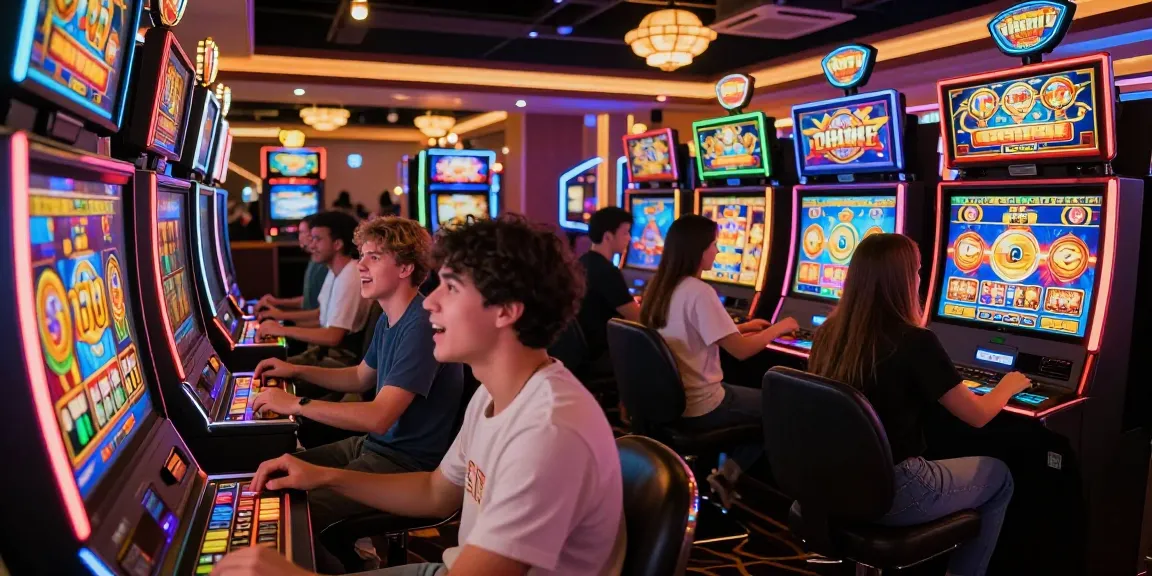 Pengunjung menikmati permainan slot gacor di kasino, dengan suasana ceria dan mesin slot berwarna-warni.