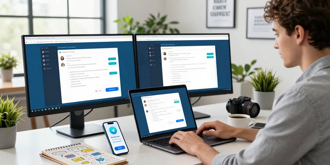 Using Telegram Web Version on a laptop in a modern workspace with inspirational decor and dual monitors.