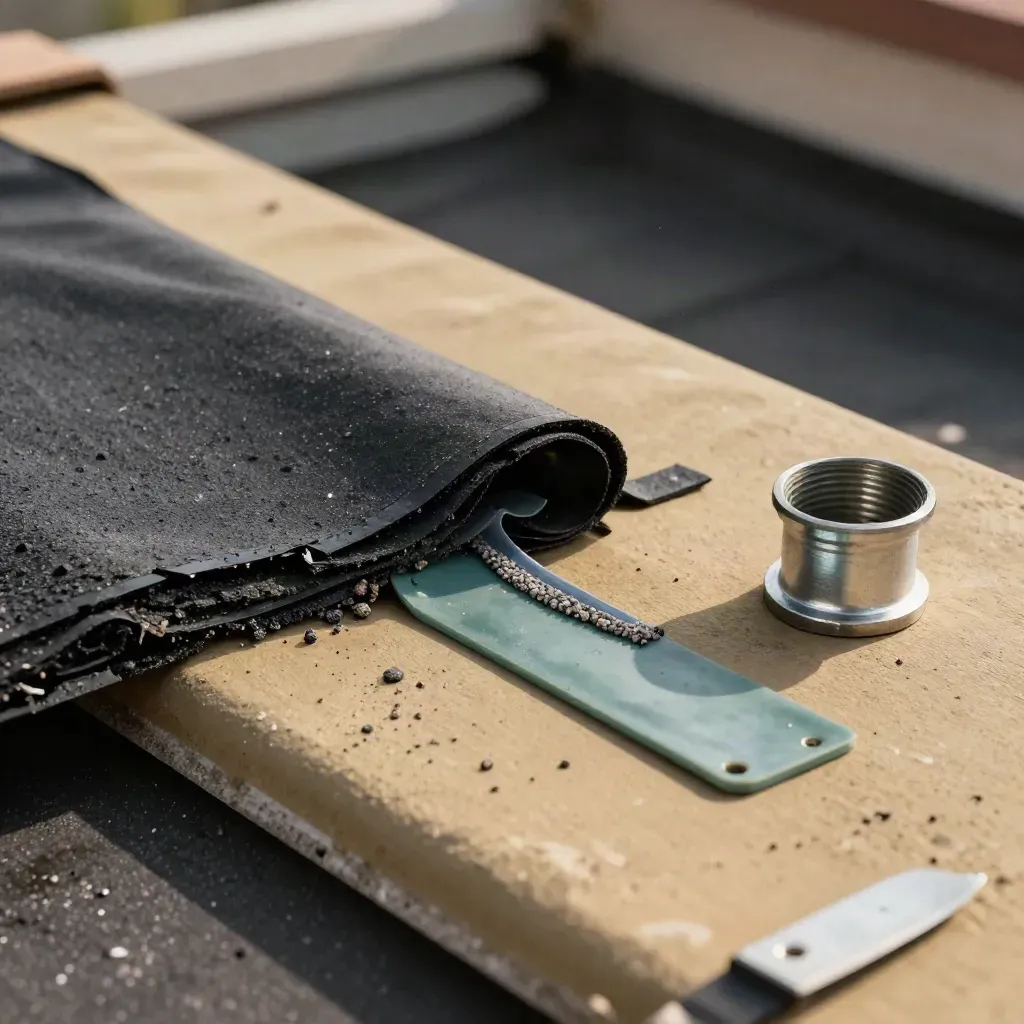 Extreme macro of roof repair materials: patch, cracked sealant strip, and teal gasket on a rooftop surface.