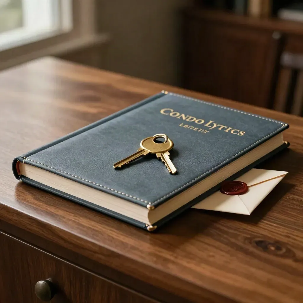 Closed board-report binder, brass key ring, and wax-sealed envelope on warm walnut.
