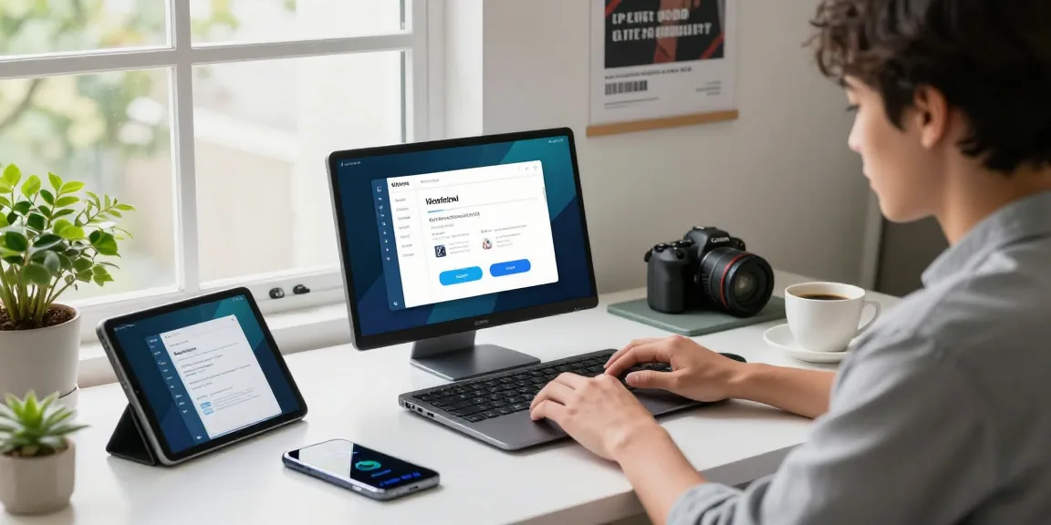 WPS Download interface on a laptop in a modern workspace, showcasing productivity tools and tech gadgets.