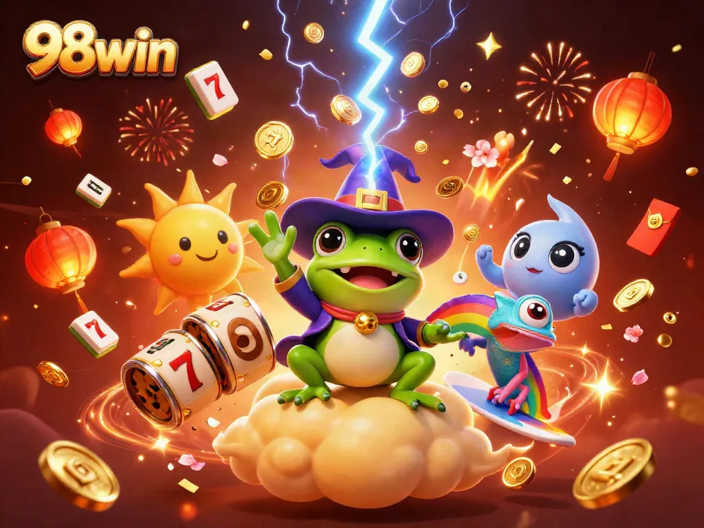 Win big with 98win's magical casino adventure featuring dynamic scenes and joyful characters.