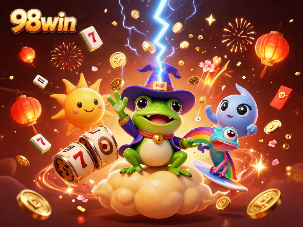 Win big with 98win's magical casino adventure featuring dynamic scenes and joyful characters.