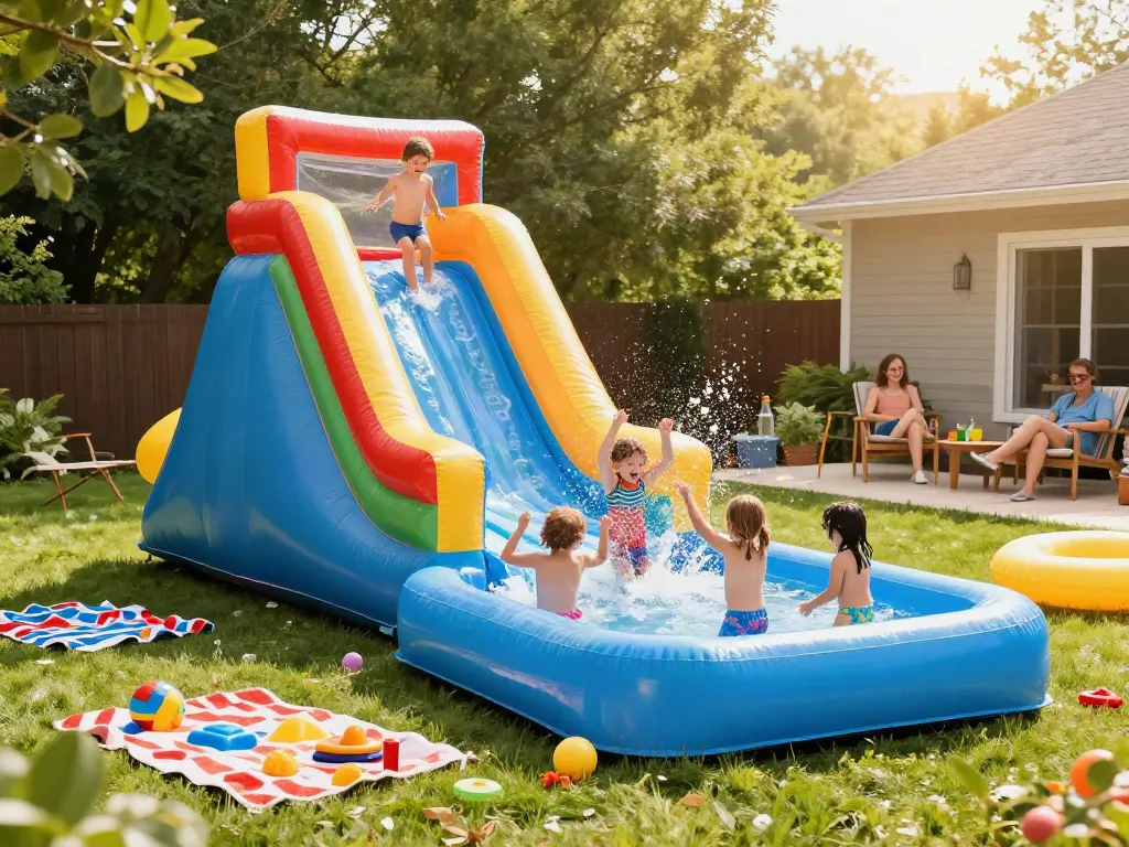 Kids enjoying a thrilling ride down a water slide inflatable into a sparkling pool on a sunny day.