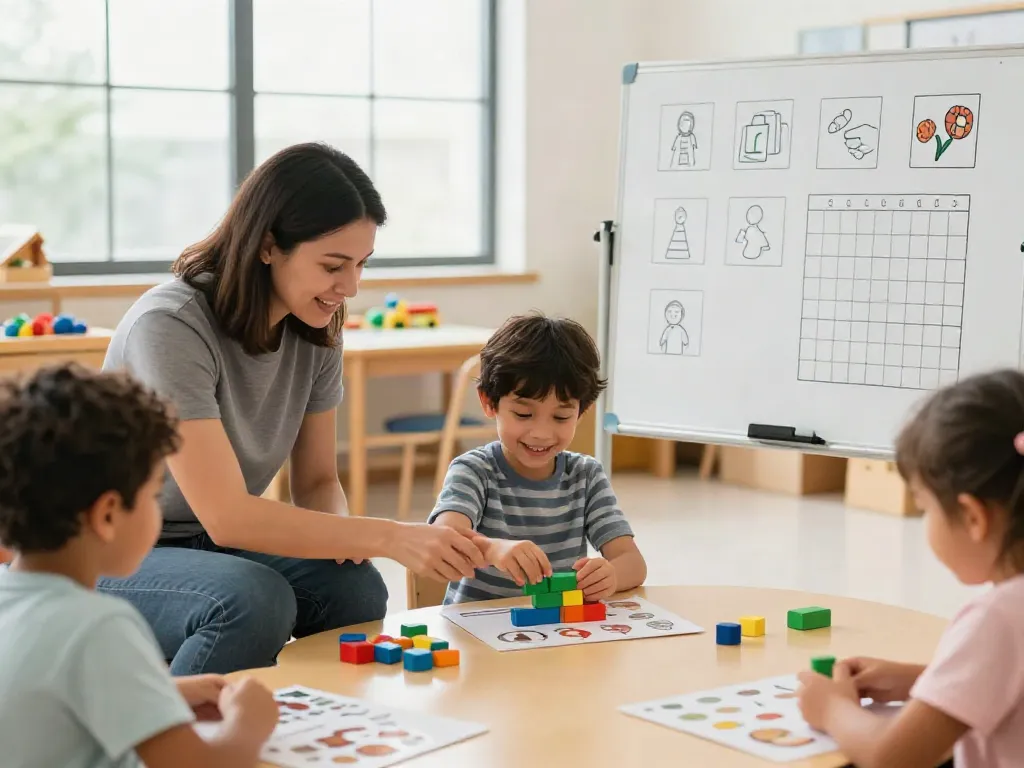 Child participating in applied behaviour analysis (ABA) therapy with a technician in a bright educational setting, showcasing learning activities.