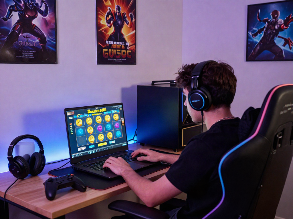Player using GGSOFT login to access Bounce Ball Slot game, surrounded by gaming gear.