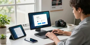 WPS Download interface on a laptop in a modern workspace, showcasing productivity tools and tech gadgets.