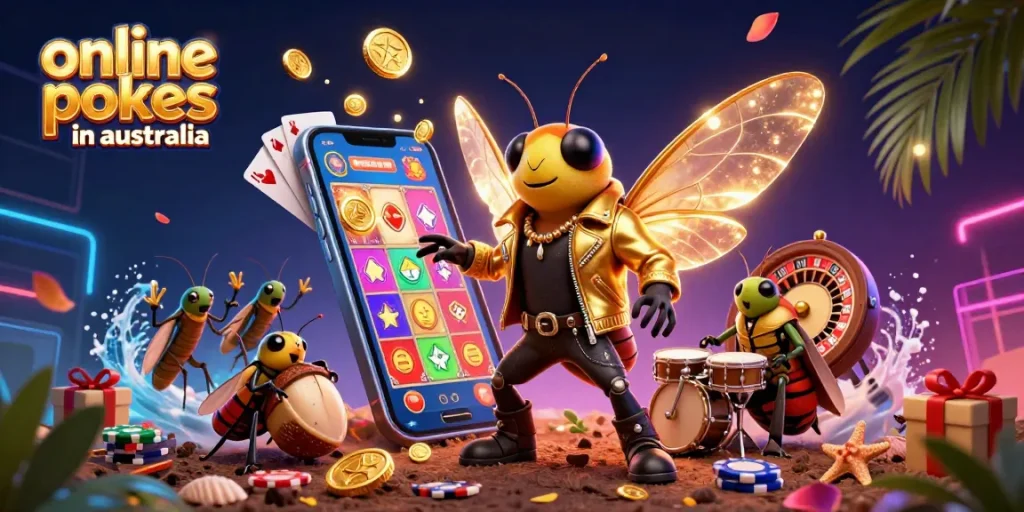 Engage with online pokies in australia as a vibrant 3D cartoon scene features a cicada rock star and game symbols