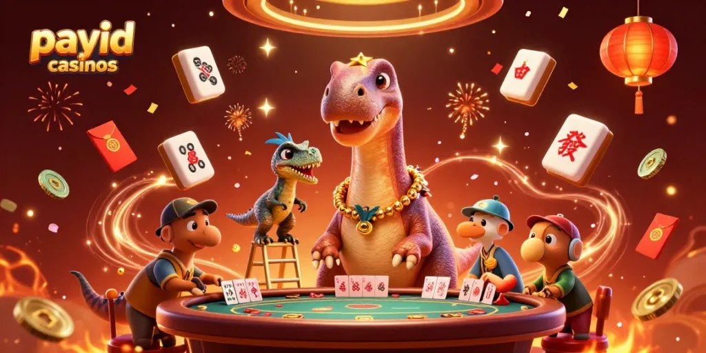 Experience the thrill of payid casinos with a brontosaurus dealer and vibrant game elements.