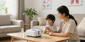 Child using a nebulizer machine near me in a cozy living room, showcasing respiratory care.